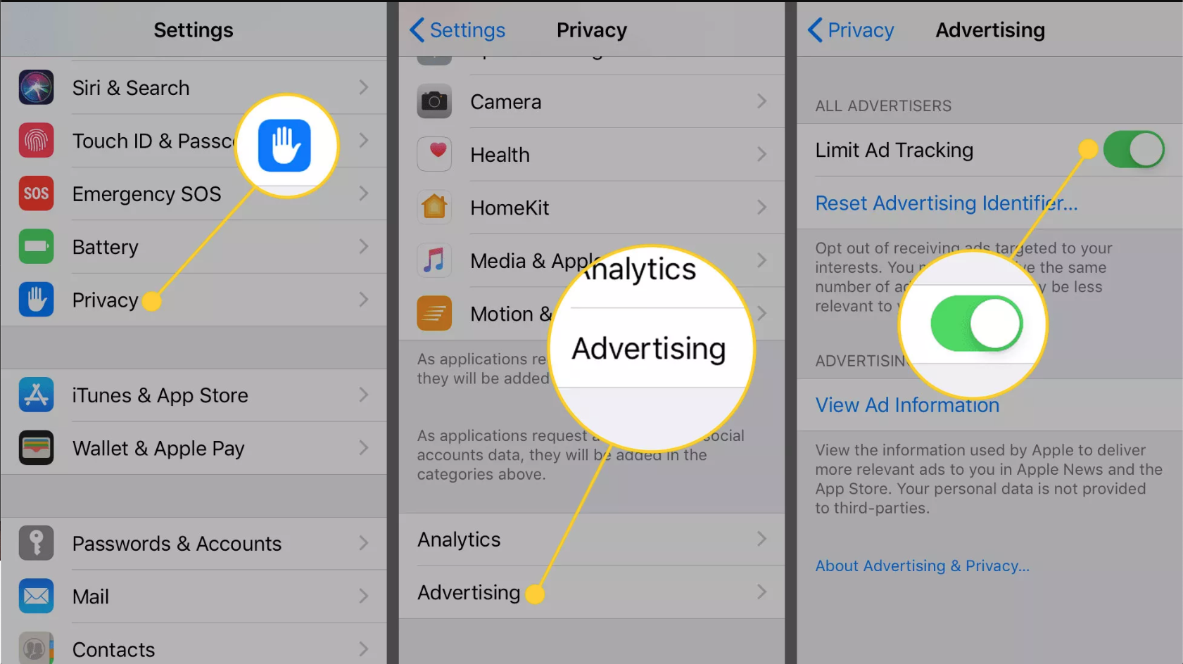 Privacy, Advertising, and Limit Ad Tracking options in iOS Settings