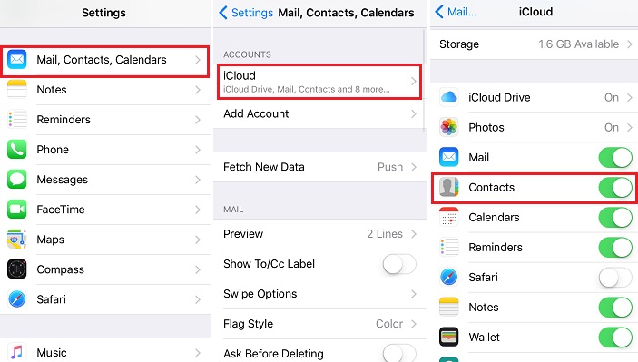 Disable Contacts in iCloud and Turn on again